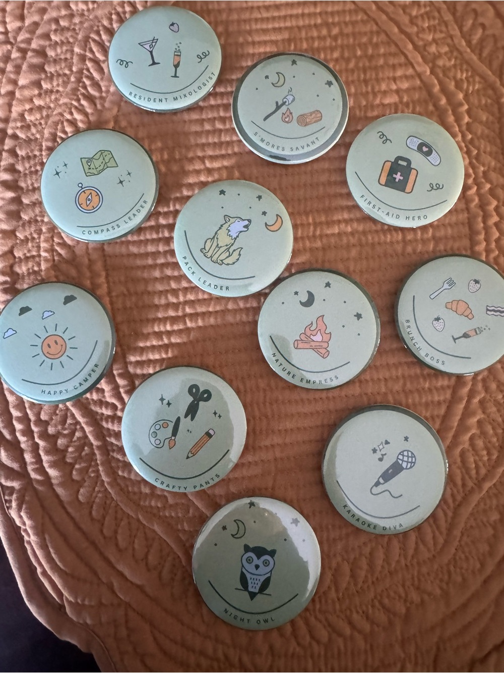 Set of 11 Cute Illustrated Merit buttons - Pastel Sage Green